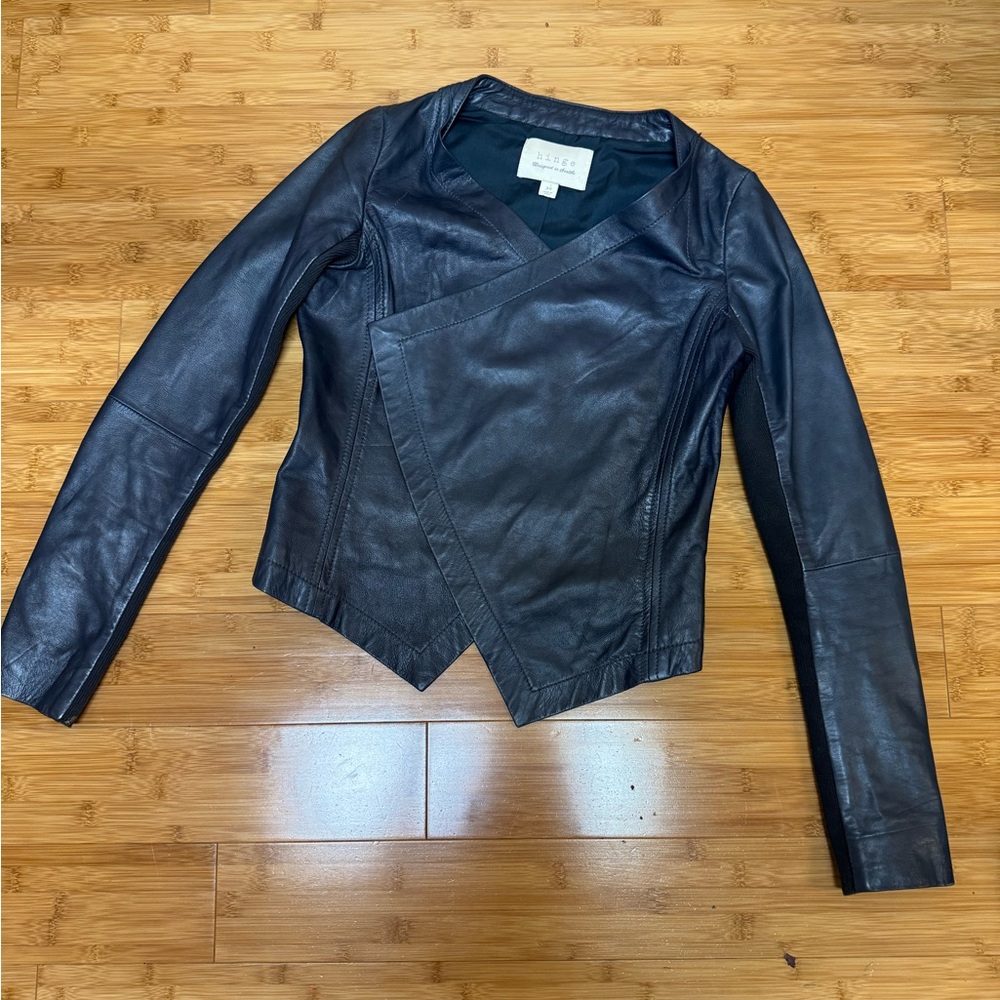 Beautiful blue Hinge Asymmetrical Leather waterfall Jacket